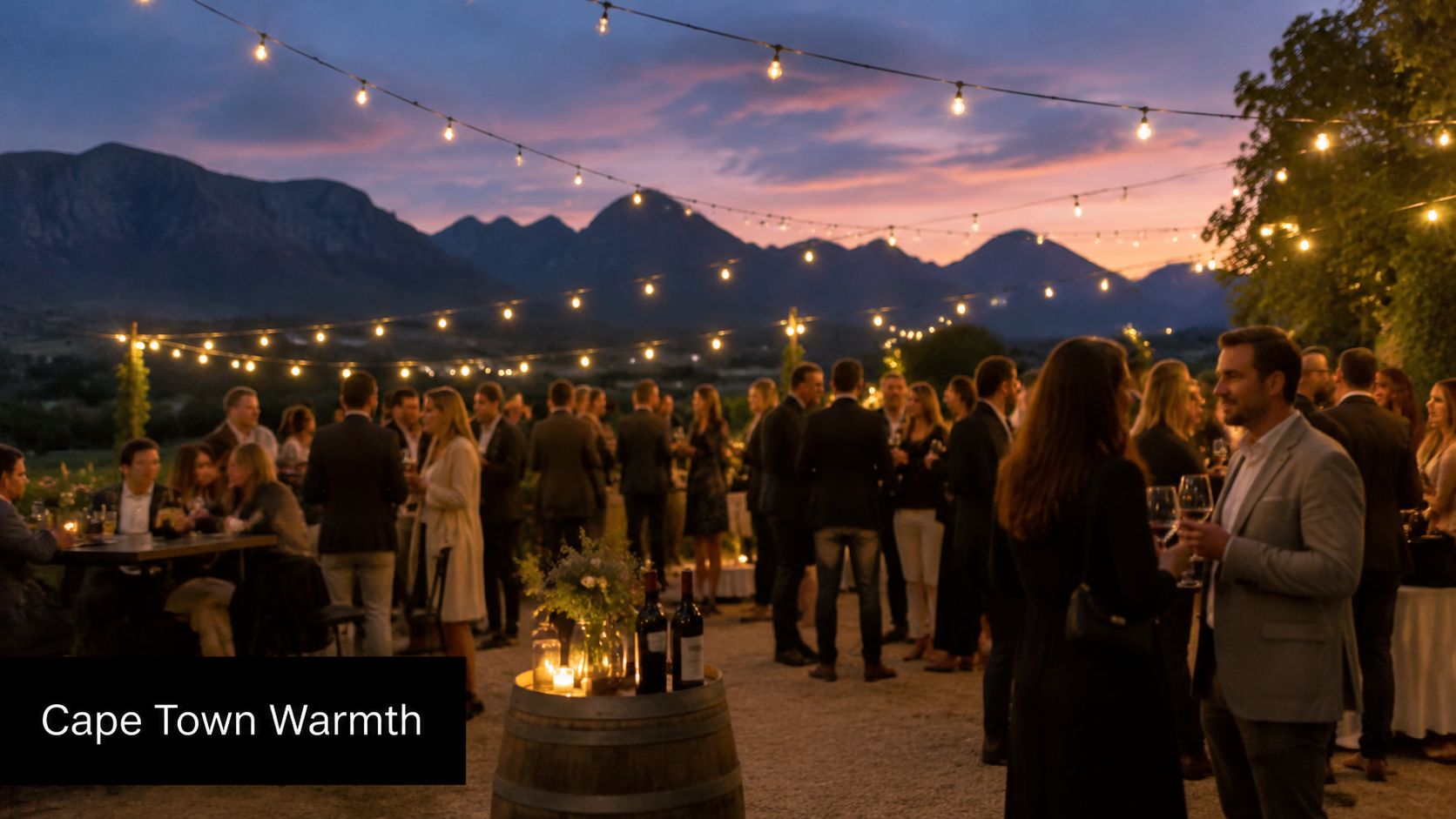 A social gathering with people at an outdoor winery event at sunset with mountain views.