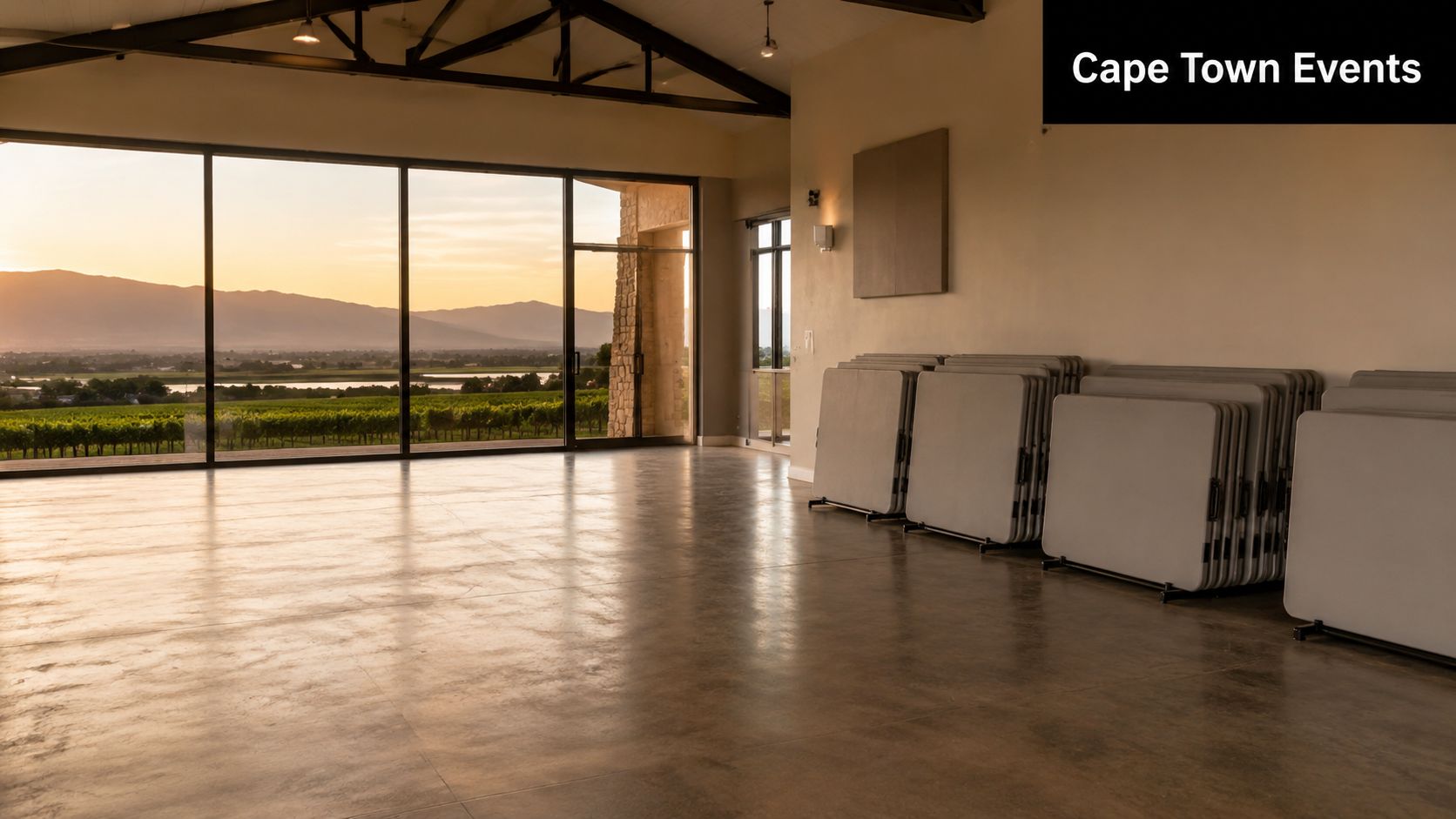 A modern event venue with a sunset view overlooking vineyards, featuring stacked plastic folding tables inside.