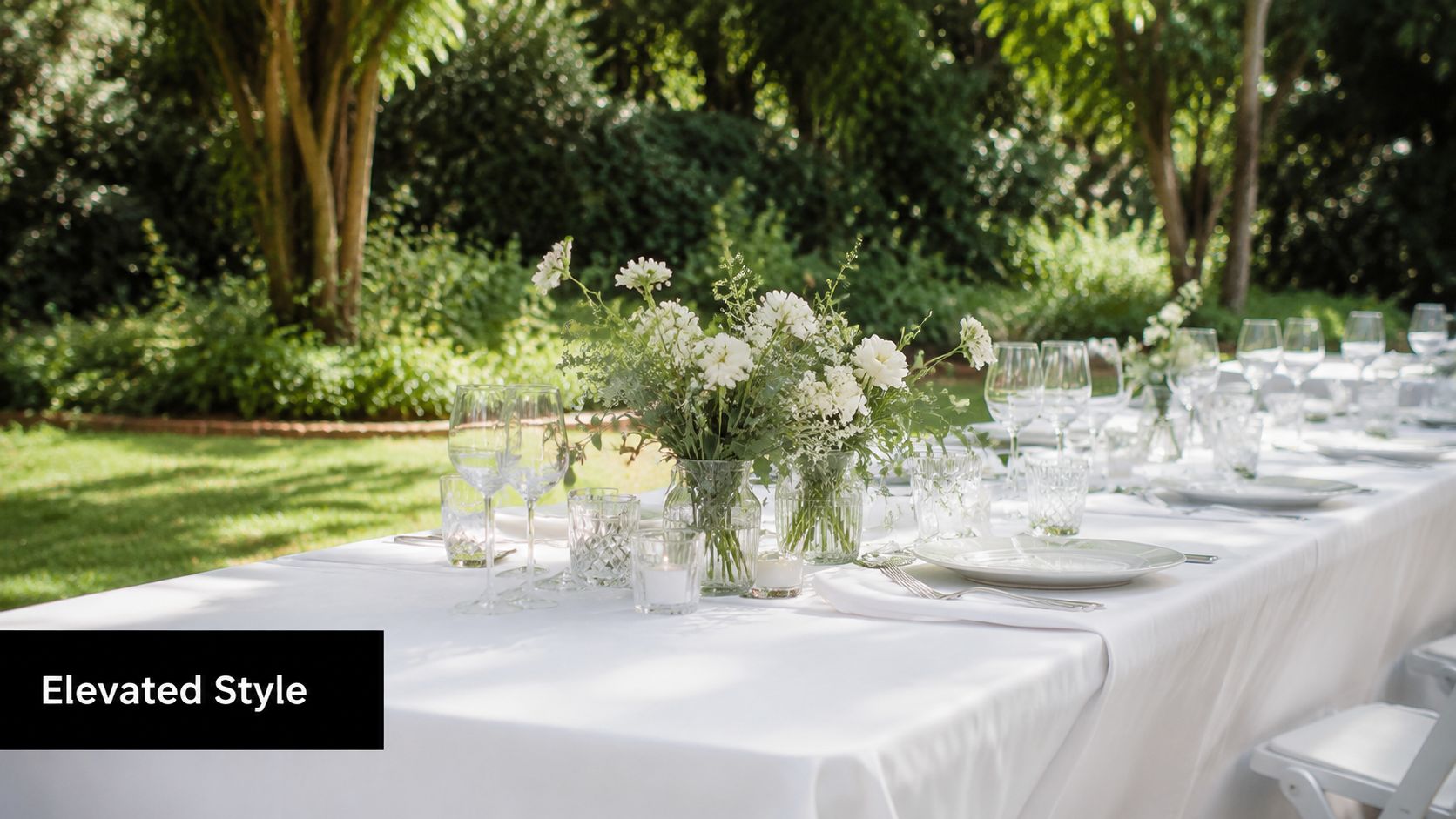A long plastic folding table set up for an outdoor garden wedding reception with white flowers.