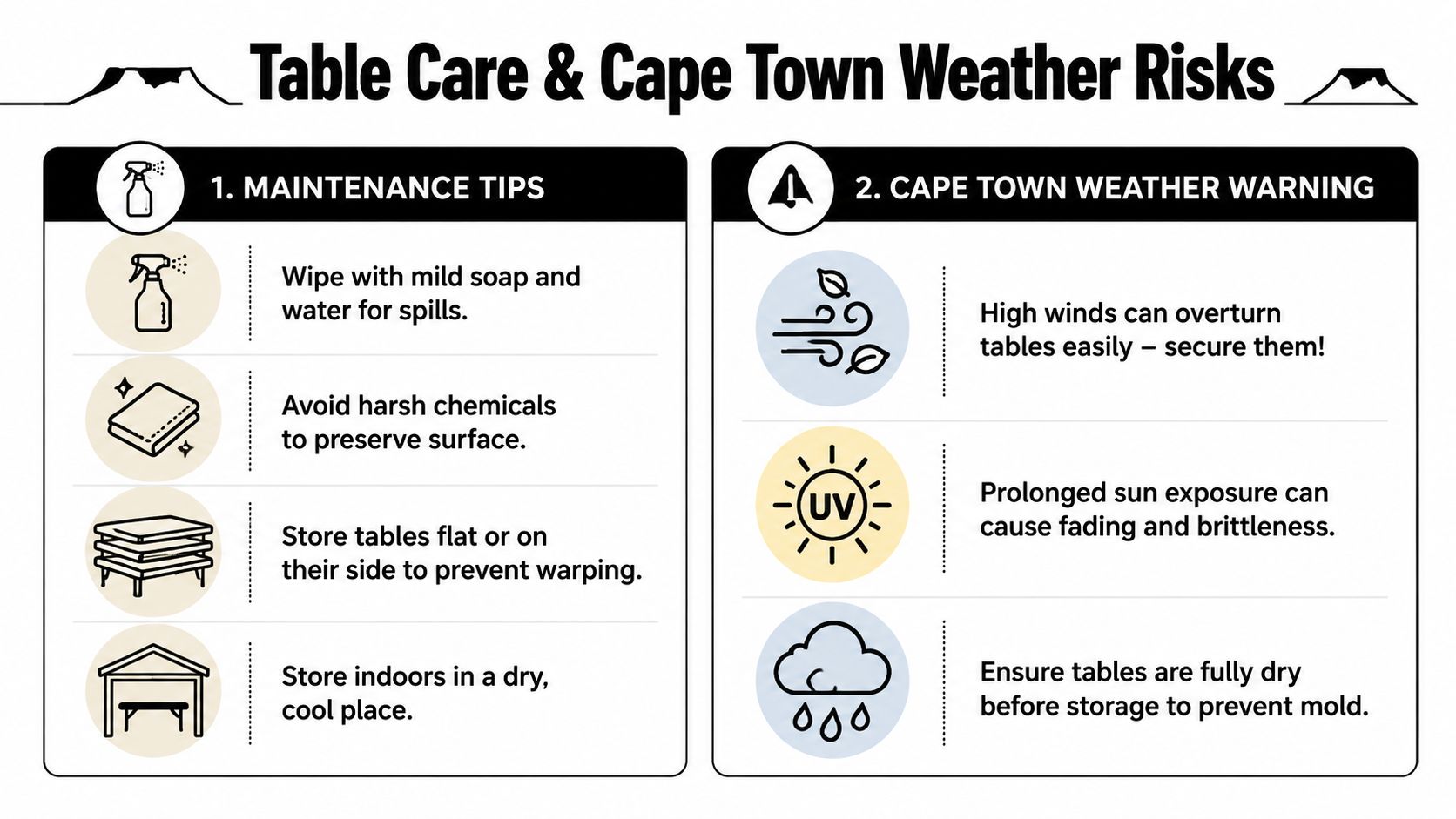 An infographic titled Table Care and Cape Town Weather Risks detailing maintenance tips and weather-related precautions.