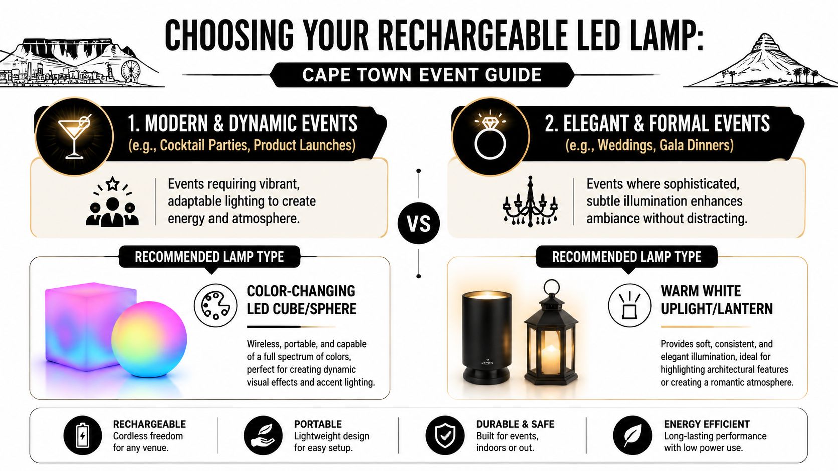 A guide comparing rechargeable LED lamps for modern events versus elegant formal occasions in Cape Town.