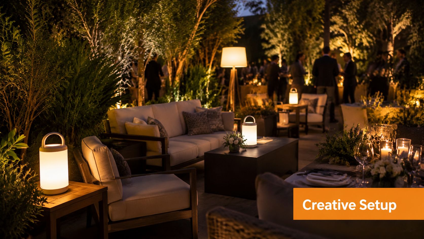 A luxurious outdoor lounge area illuminated by several warm rechargeable LED lamps at a evening garden party.