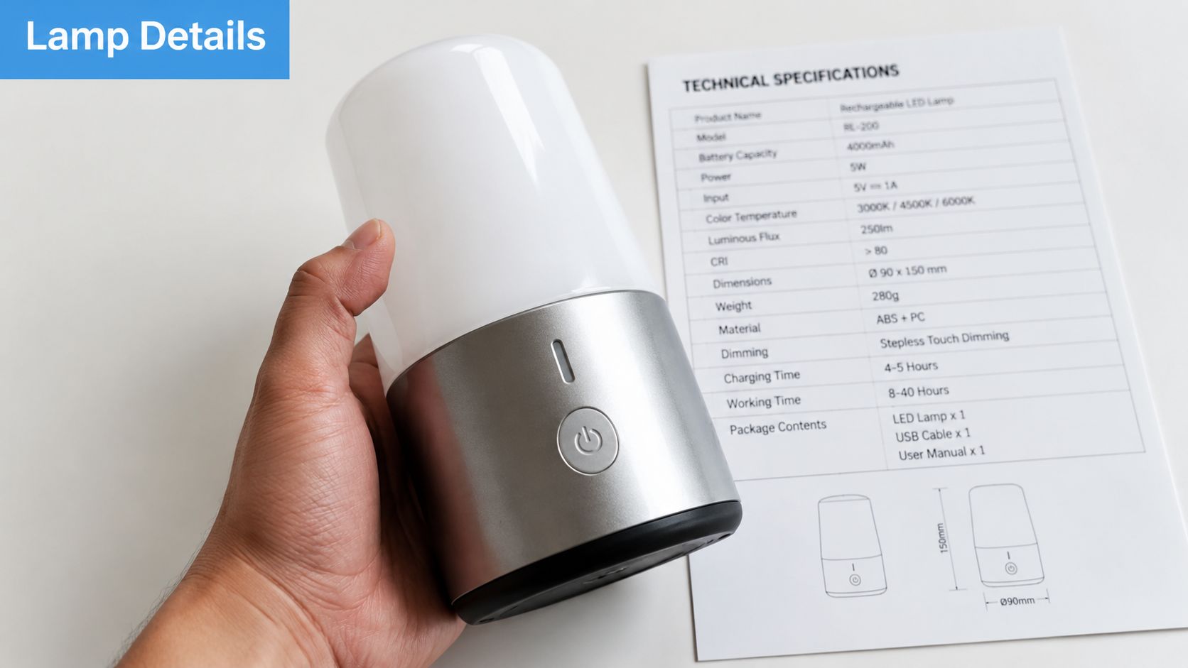 A hand holding a rechargeable LED lamp next to its technical specification sheet on a table.