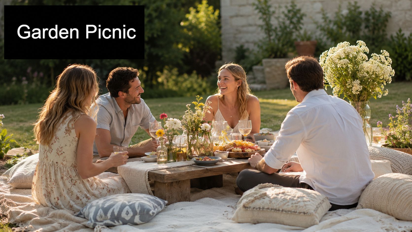 A group of friends enjoying a pleasant garden picnic with food and drinks on a sunny day.