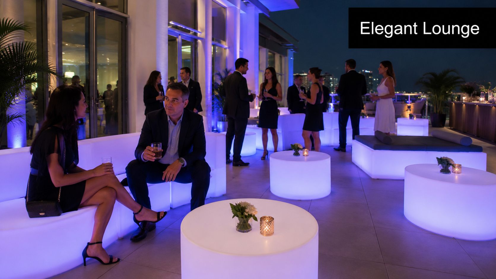 A sophisticated group of people socializing at an elegant rooftop lounge party during the evening hours.