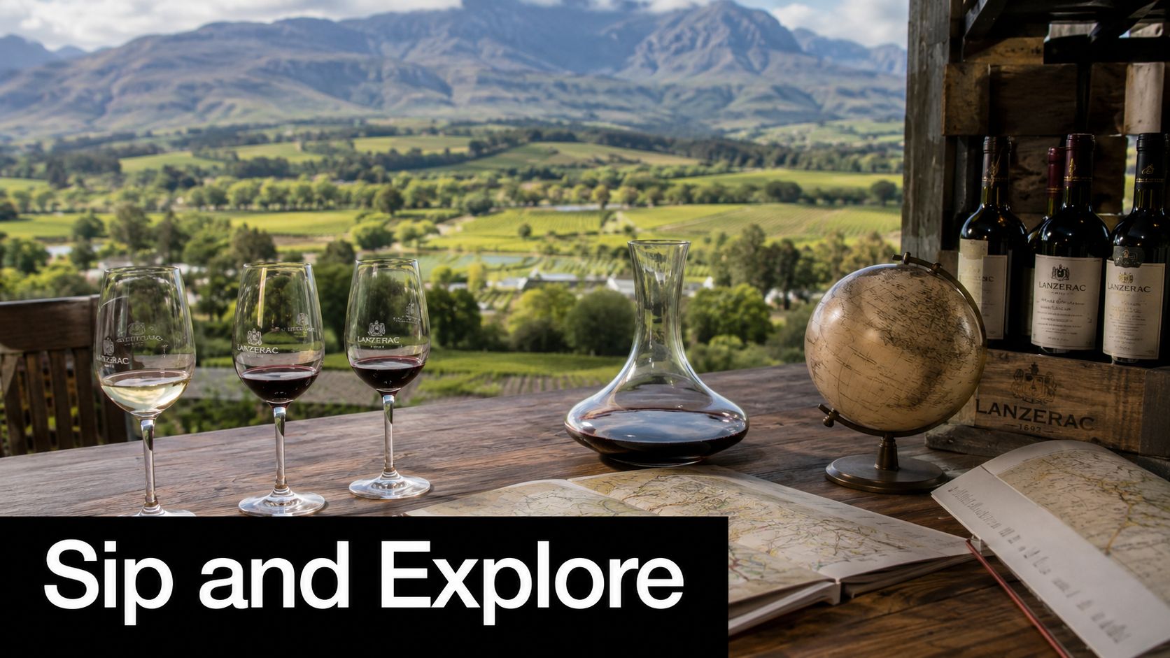 Glasses of red and white wine, a decanter, and a globe sit on a table overlooking vineyards.