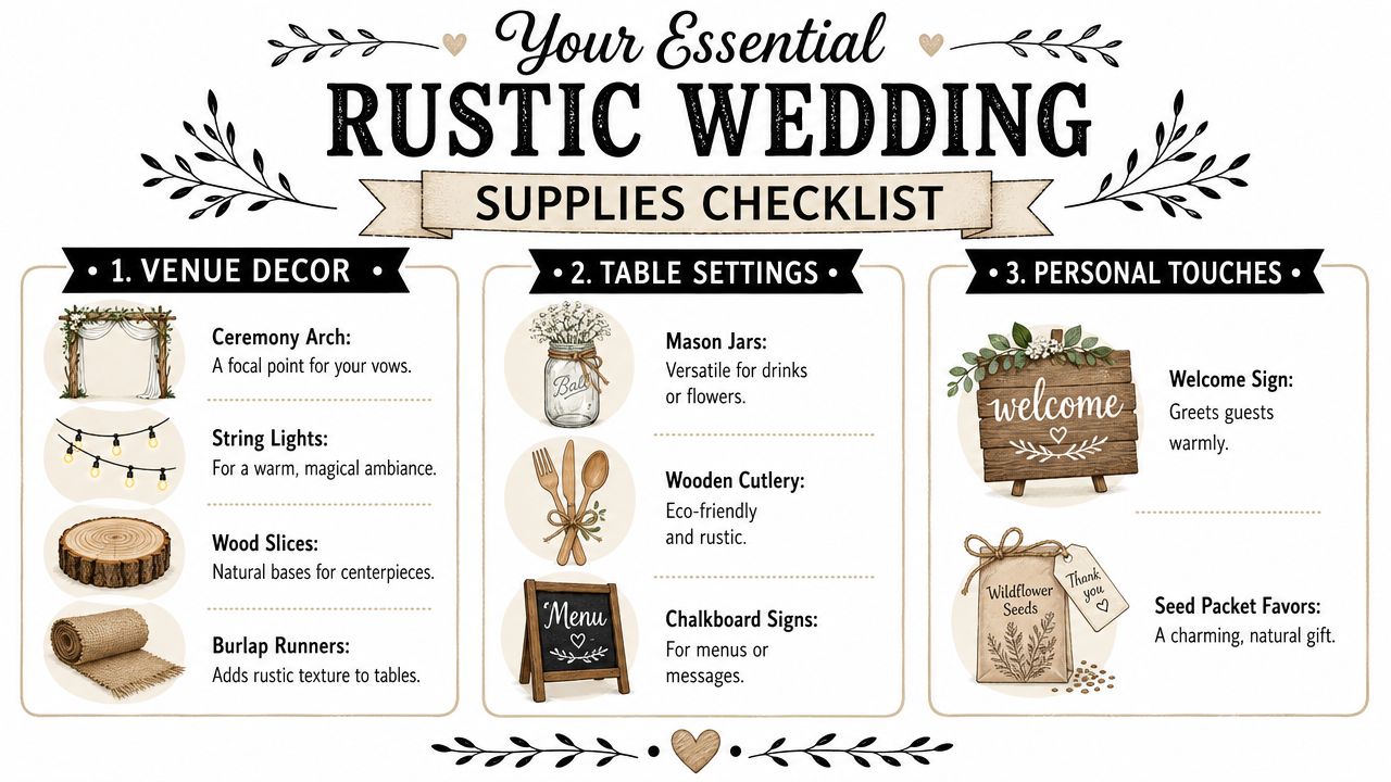 An illustrated checklist for planning a rustic wedding, featuring decor, table settings, and personal touches.