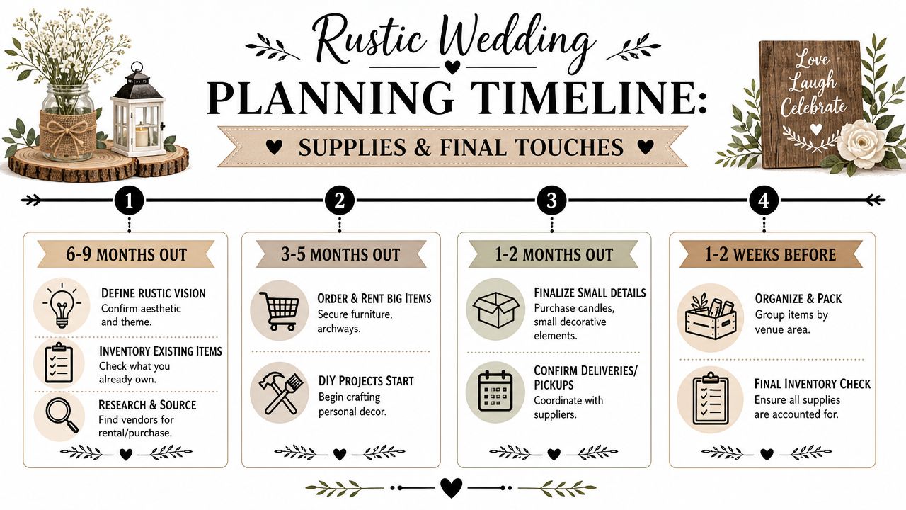 A rustic wedding planning timeline infographic outlining tasks from nine months out to one week before.