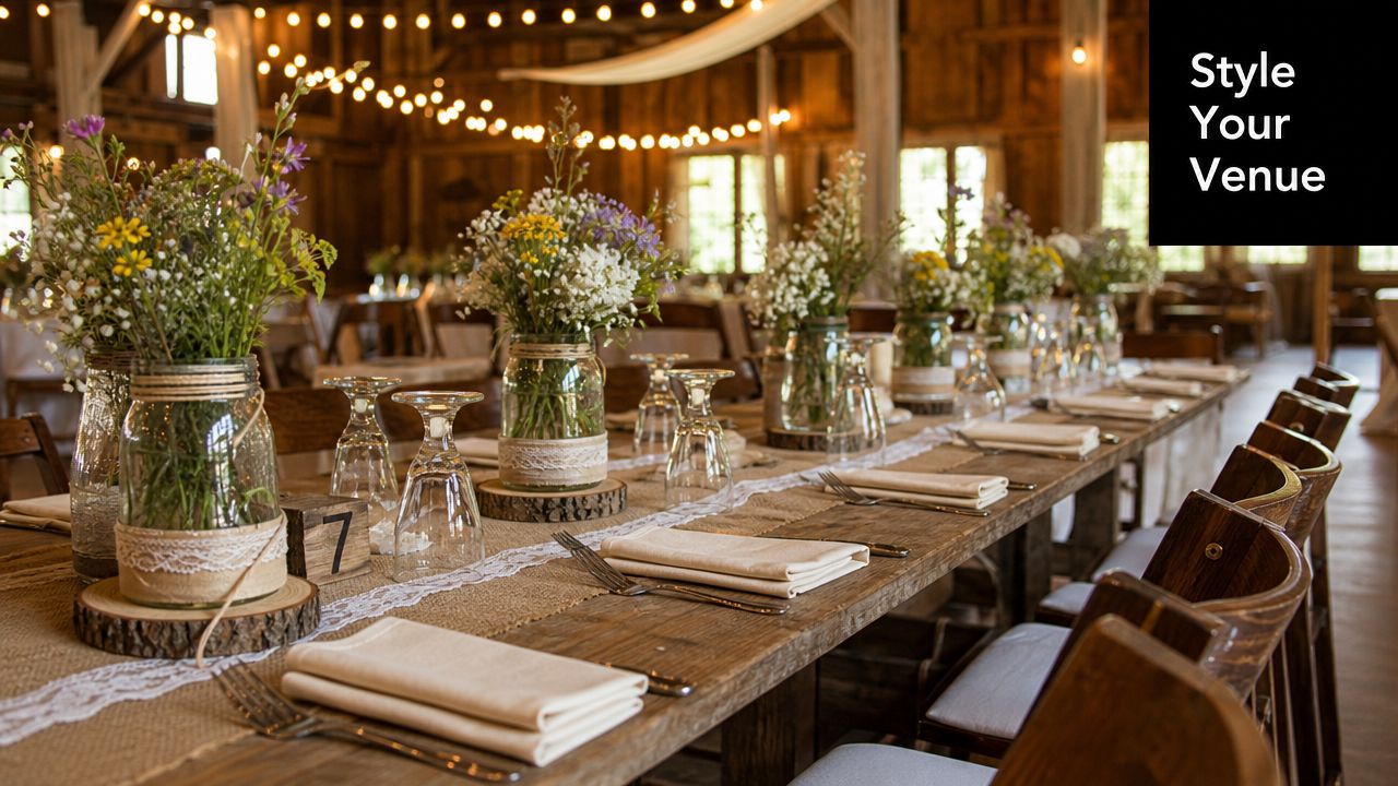 A long wooden dining table set for a rustic wedding reception with floral centerpieces and burlap runners.