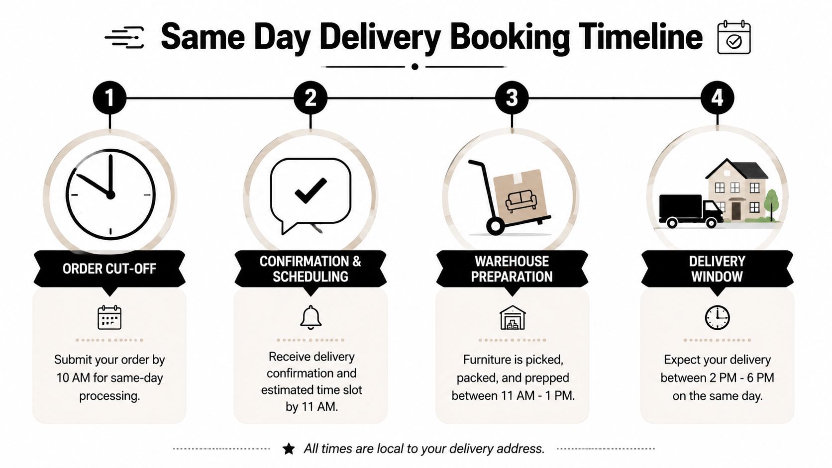 A flowchart infographic titled Same Day Delivery Booking Timeline showing four steps for furniture orders.