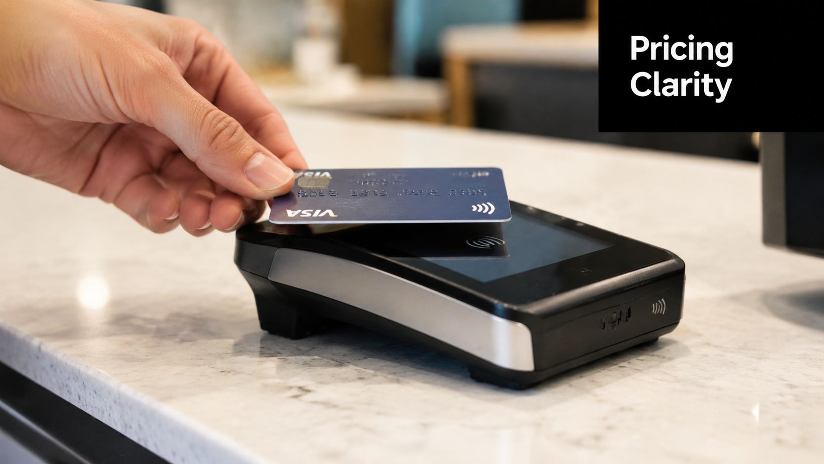 A close-up shot of a hand holding a blue Visa credit card over a payment terminal reader.