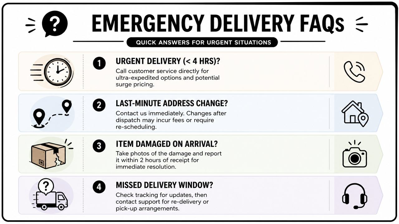 An infographic titled Emergency Delivery FAQs detailing instructions for urgent, damaged, or missed furniture deliveries.
