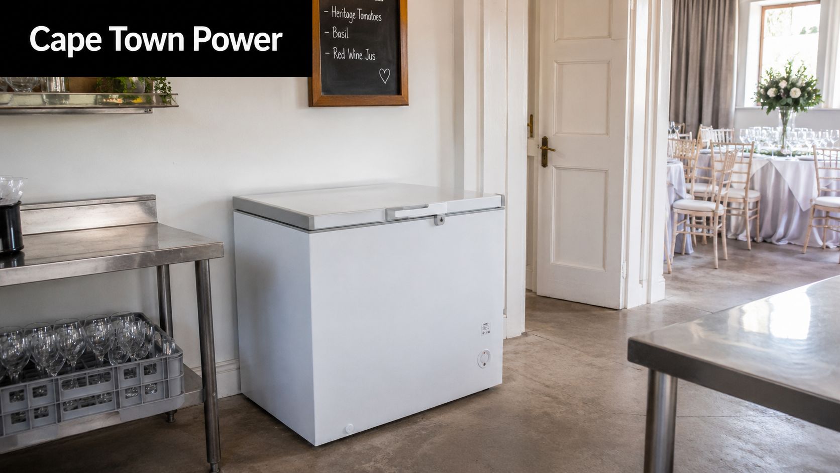A white chest freezer sits on a concrete floor in a bright event venue or kitchen space.