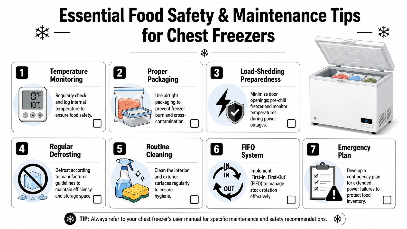 A guide listing seven essential food safety and maintenance tips for operating a chest freezer effectively.