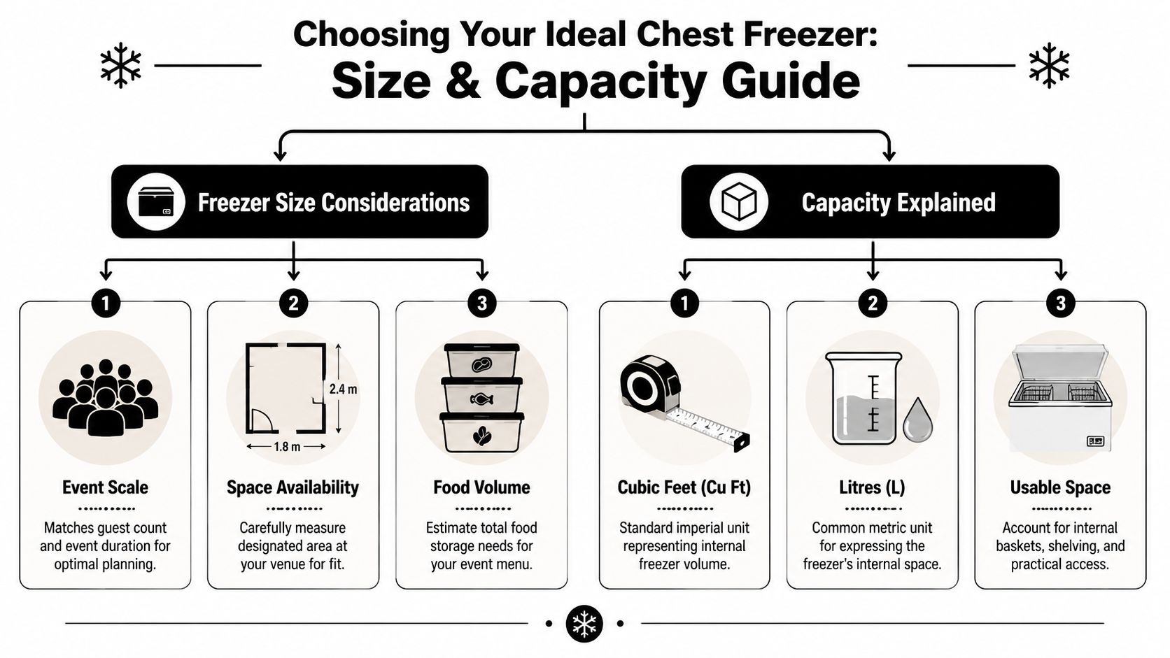 An infographic titled Choosing Your Ideal Chest Freezer explaining considerations for size and capacity.