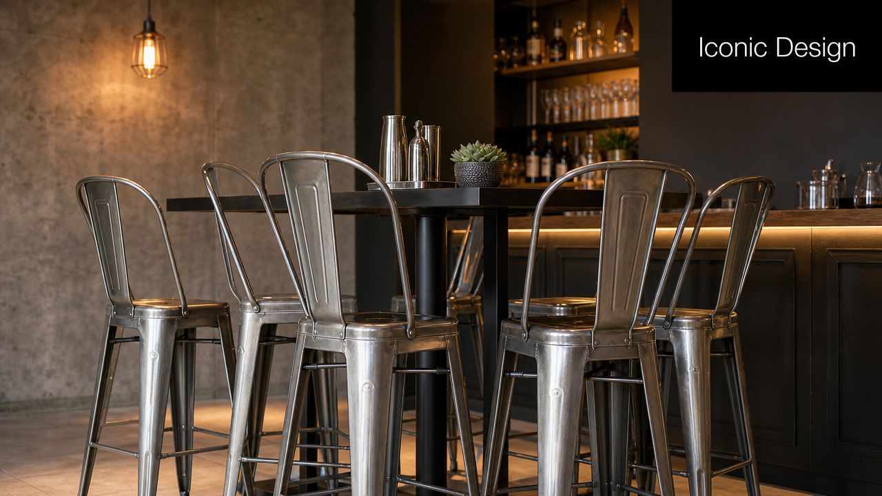 A modern bar area featuring several industrial metal tolix bar chairs gathered around a high table.