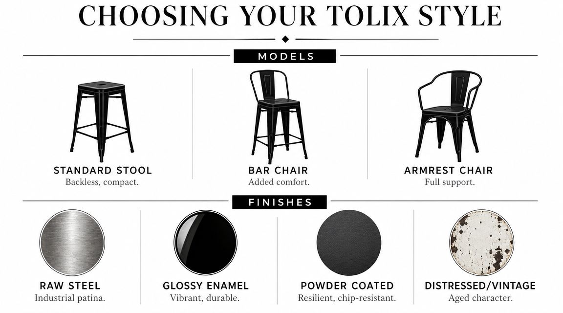 A design infographic guide comparing different styles of Tolix furniture models and various metal finishes.