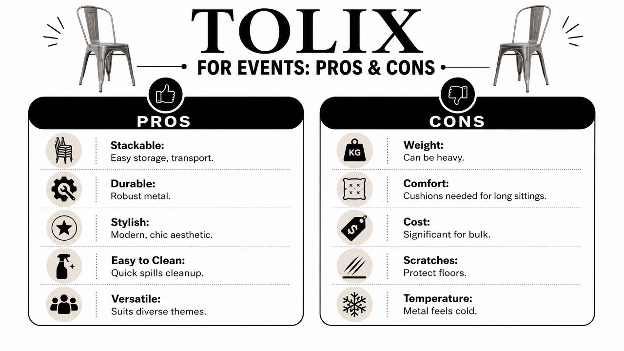 An infographic comparing the pros and cons of using Tolix chairs for event seating arrangements.
