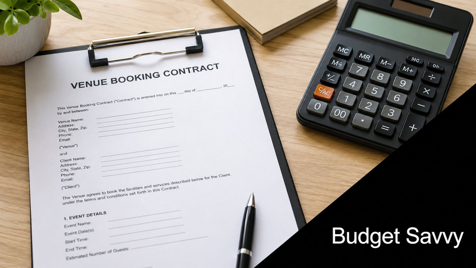 A venue booking contract on a clipboard with a calculator and a pen on a wooden desk.
