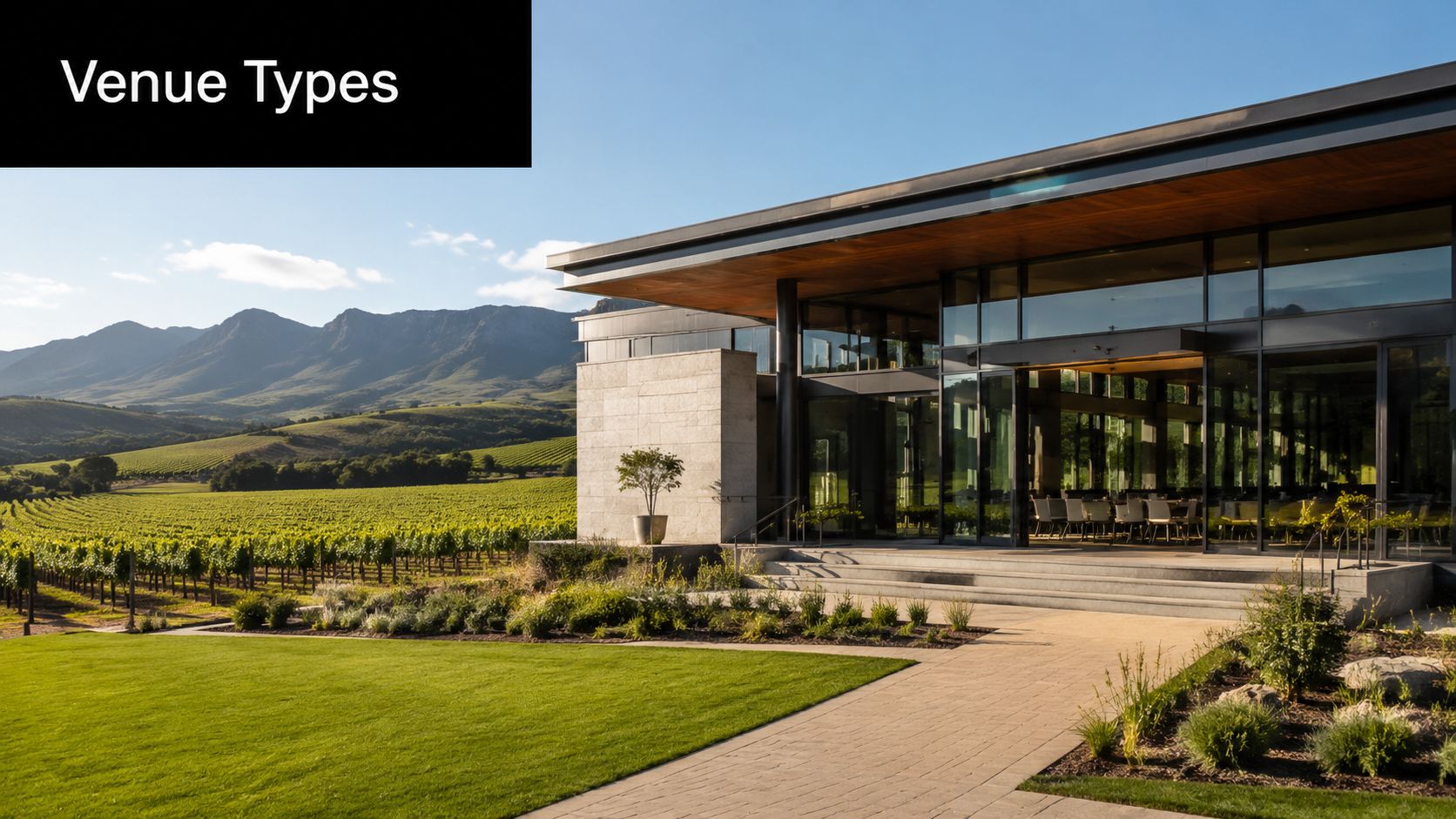 A luxurious modern venue building overlooking sprawling green vineyards and scenic mountains on a sunny day.