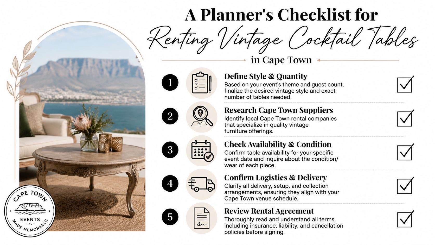 A five-step planning checklist for renting vintage cocktail tables for events in Cape Town, South Africa.
