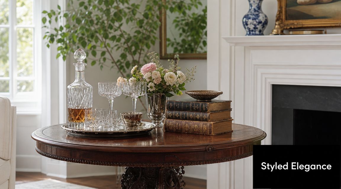 A crystal decanter, elegant glassware, and a floral arrangement displayed on a vintage round wooden side table.