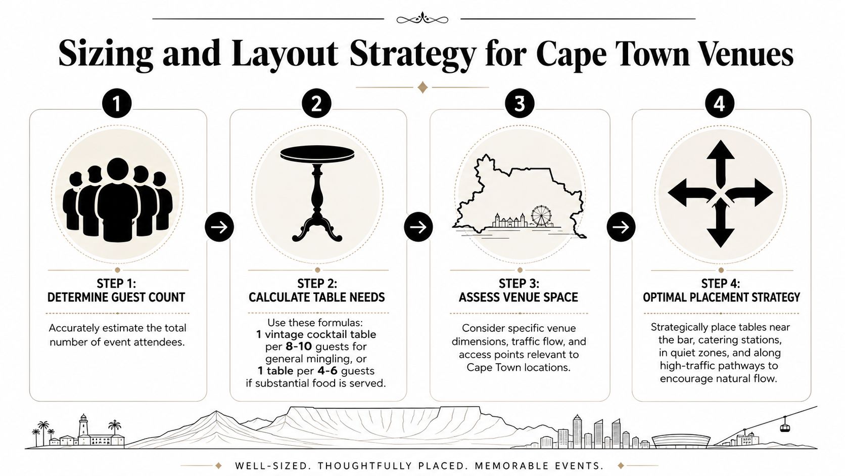 A four-step infographic showing how to plan event sizing and cocktail table layout for Cape Town venues.