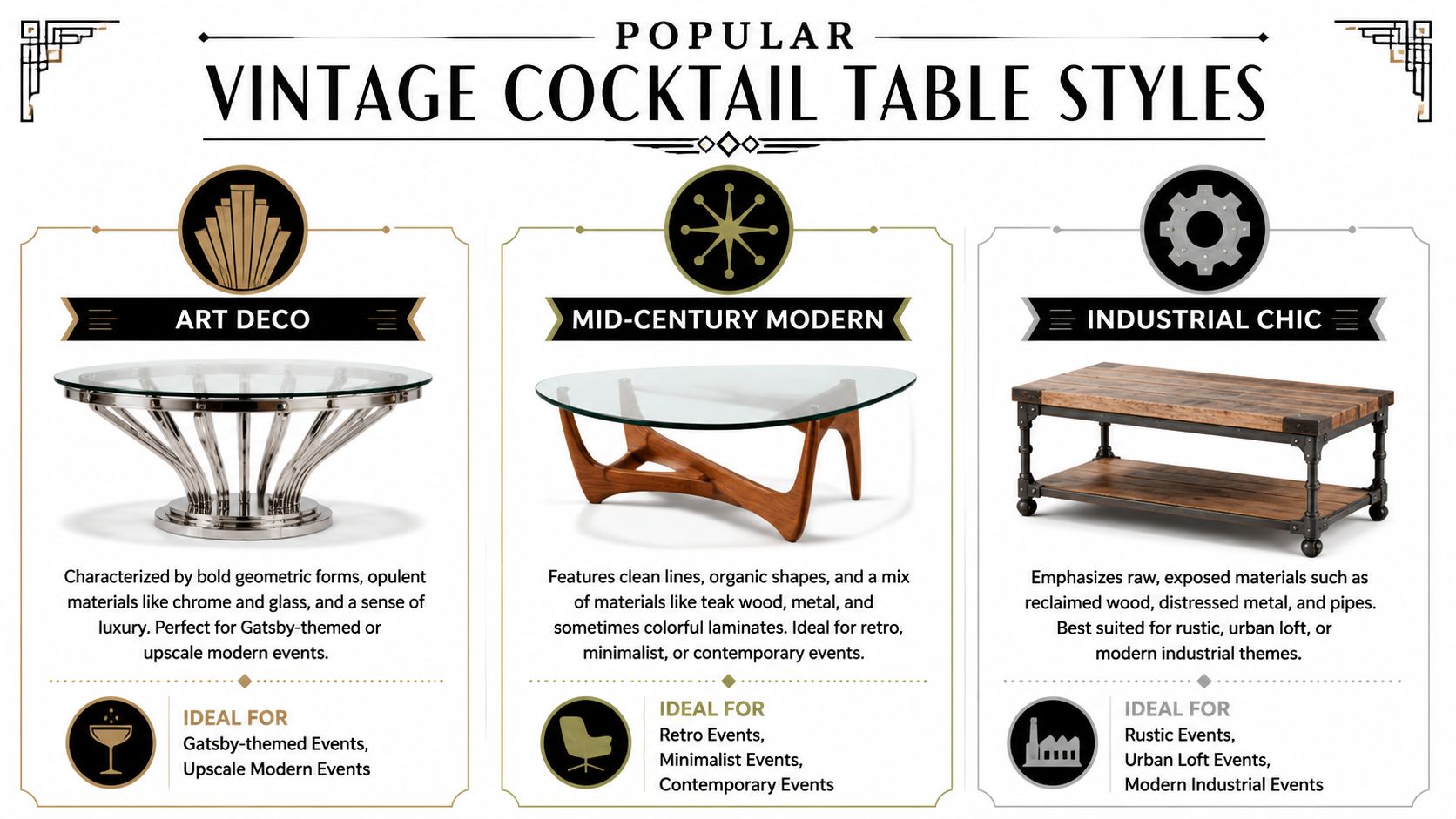A visual guide illustrating three popular vintage cocktail table styles: Art Deco, Mid-Century Modern, and Industrial Chic.