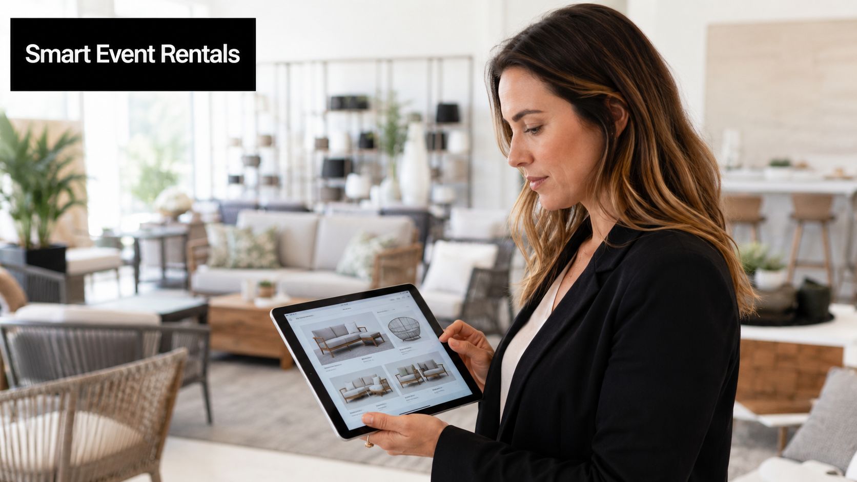 A professional woman uses a digital tablet to browse weather resistant outdoor furniture in a showroom.