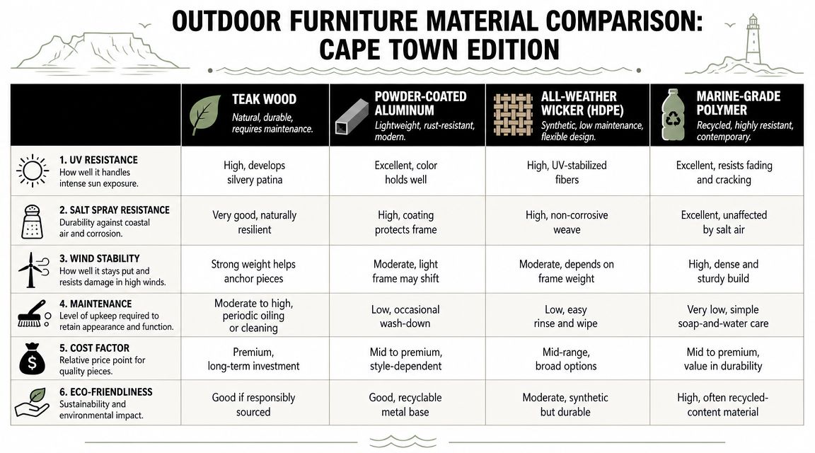 A comparison chart outlining the pros and cons of four outdoor furniture materials for coastal environments.