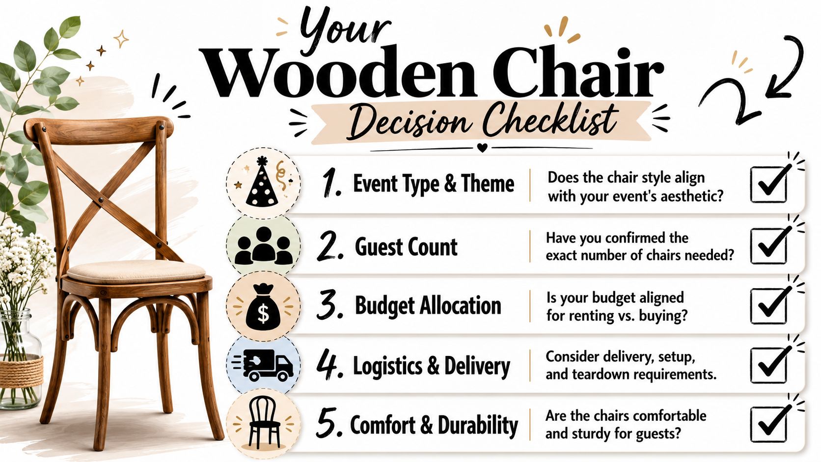A checklist for selecting wooden chairs for events, featuring five important planning considerations and a wooden chair.
