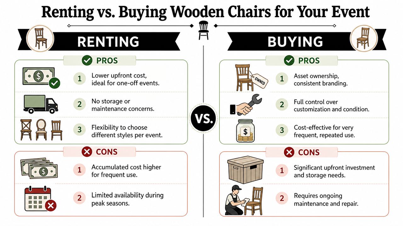 An infographic comparing the pros and cons of renting versus buying wooden chairs for event planning.