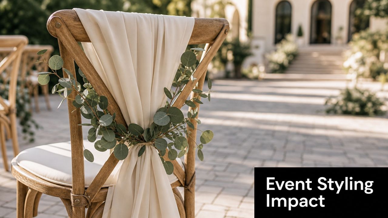 A wooden cross-back wedding chair decorated with a light fabric drape and fresh green eucalyptus leaves.