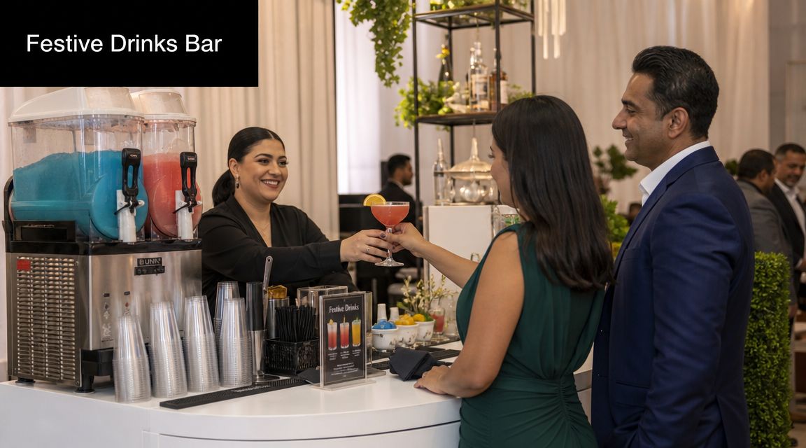A friendly bartender serves a festive pink cocktail to a woman in a green dress at a bar.