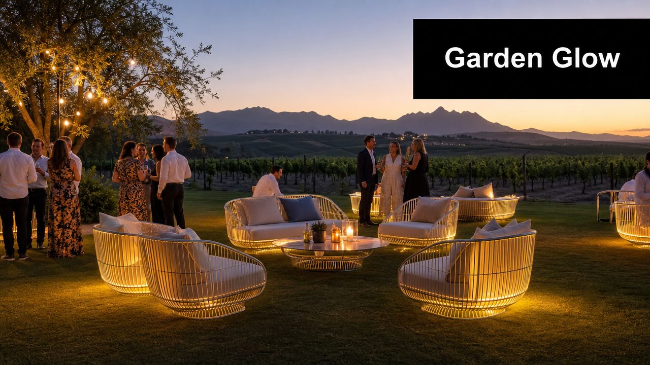 A group of people enjoying an elegant evening garden party with modern glowing furniture at sunset.