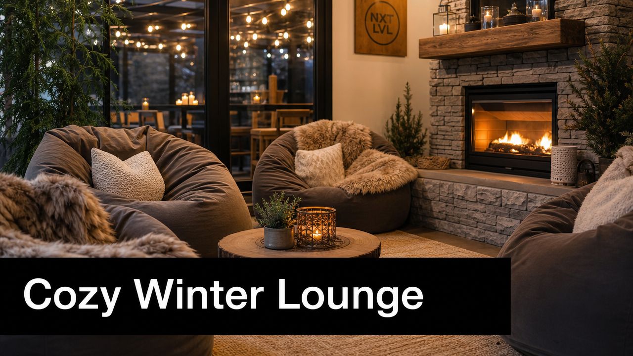 A cozy lounge area featuring comfortable bean bag chairs arranged around a fireplace for holiday atmosphere.