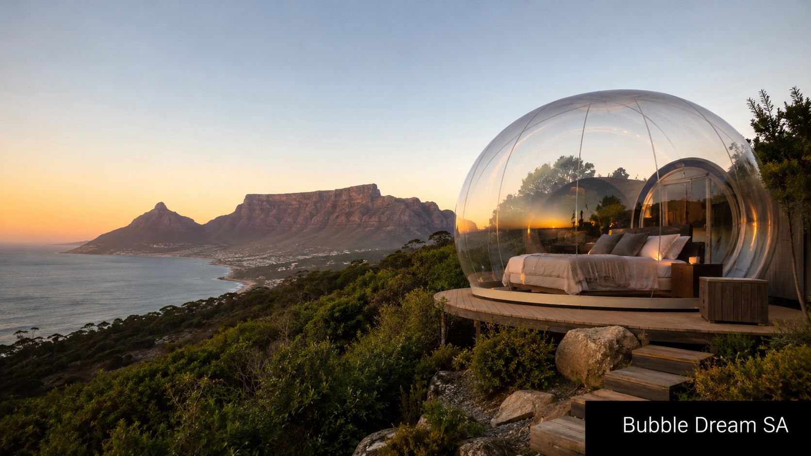A luxurious transparent bubble dome bedroom overlooking the ocean and Table Mountain in Cape Town at sunset.