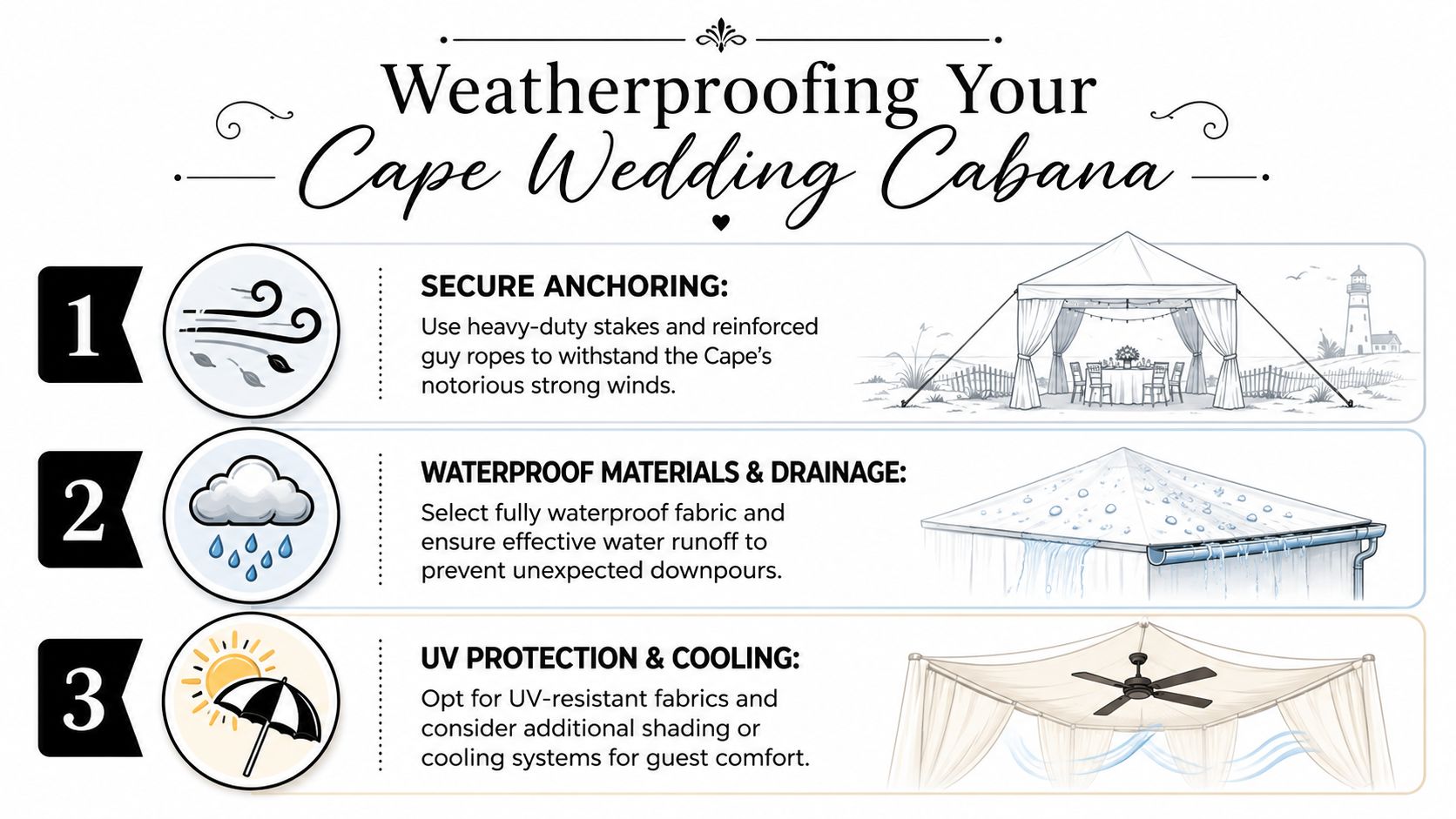 An infographic detailing three essential steps for weatherproofing a wedding cabana tent against wind, rain, and heat.