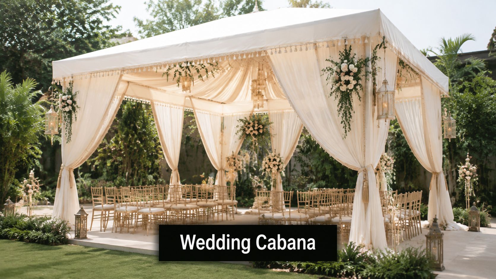 An elegant outdoor white wedding cabana tent decorated with flowers and gold chairs on a lawn.