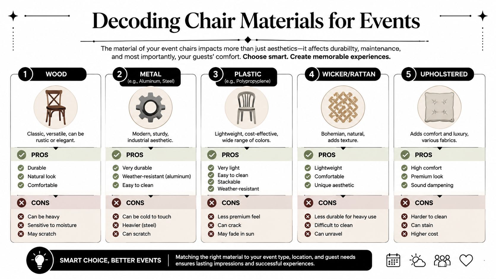 An infographic titled Decoding Chair Materials for Events comparing the pros and cons of five common seating materials.