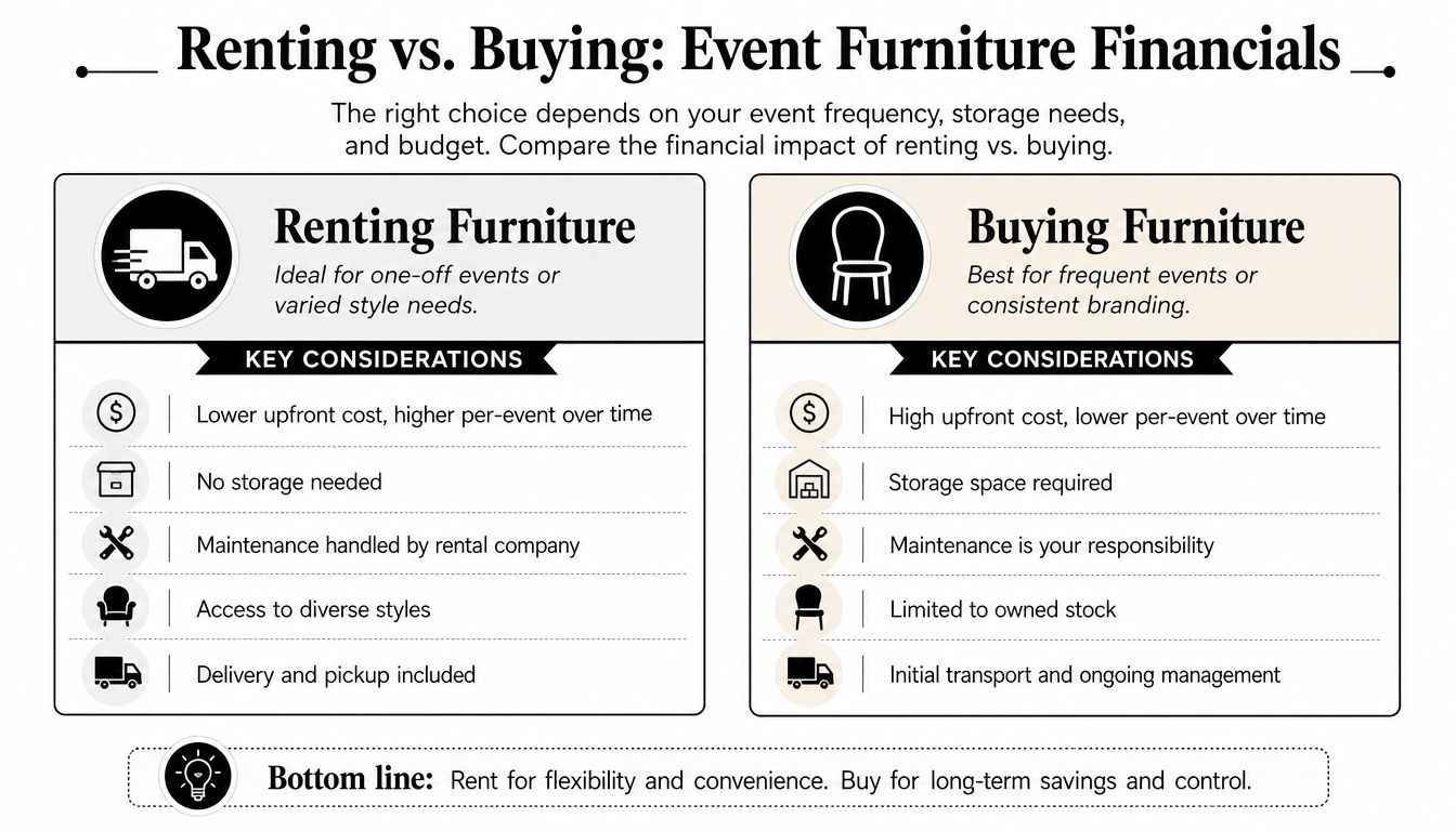 A comparison infographic showing the financial and practical differences between renting and buying event furniture.