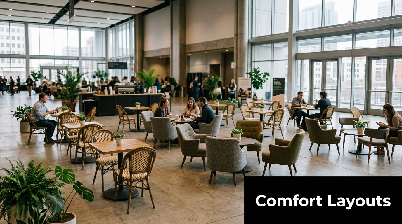 People sitting at cafe tables and chairs in a modern, spacious indoor lounge with large windows.