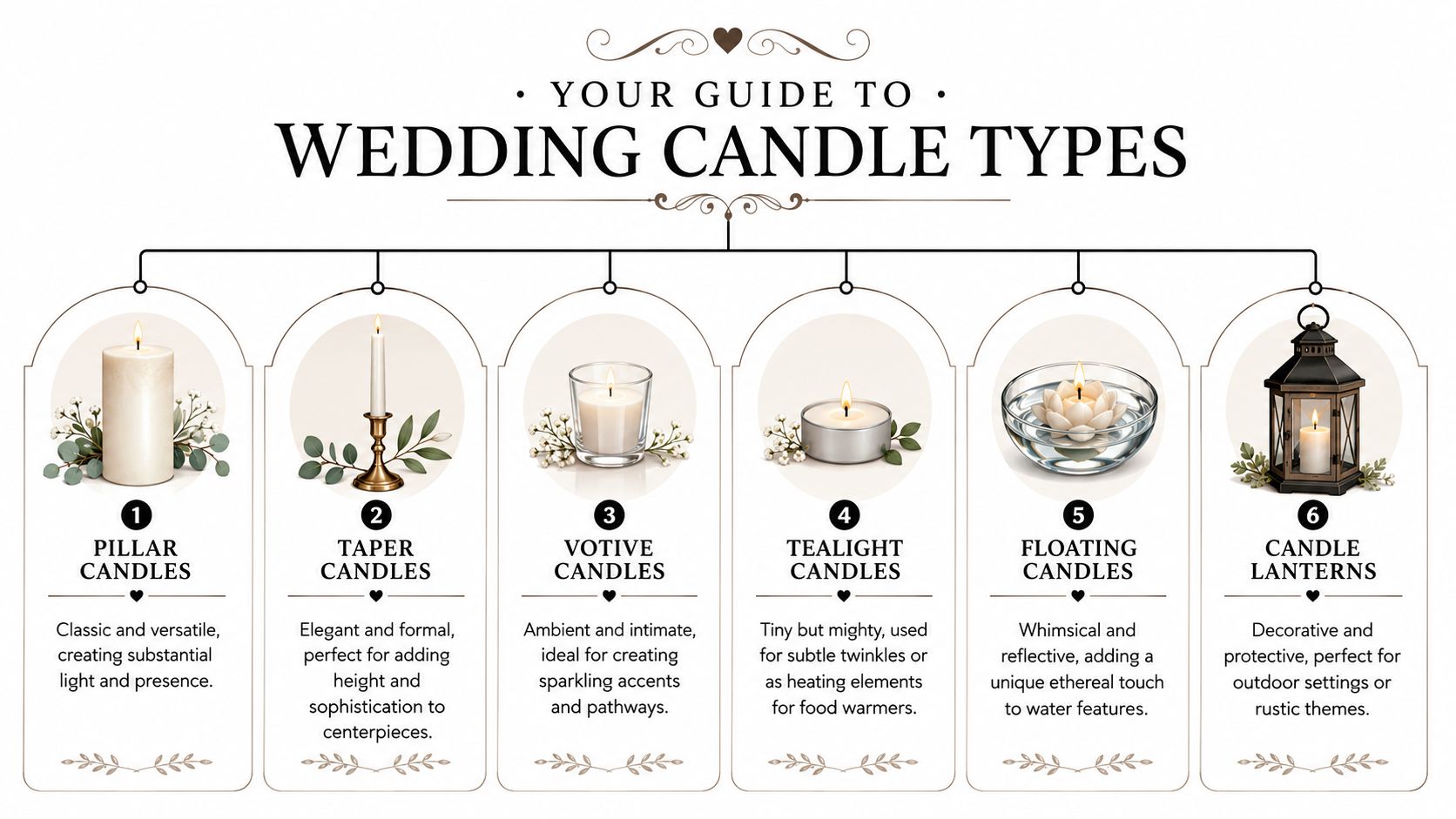 A guide displaying six different types of wedding candles including pillar, taper, votive, tealight, floating, and lanterns.