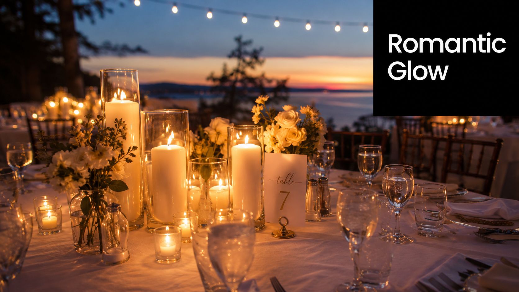 Elegant wedding table setting with glowing pillar candles and white flowers during a beautiful sunset ocean view.