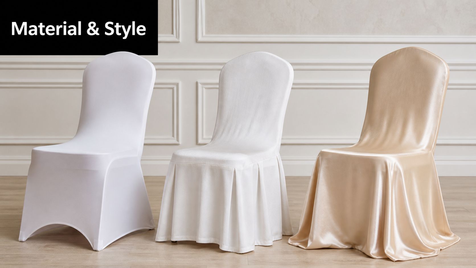 Three chairs with different fabric covers displayed against a paneled wall in a studio setting.