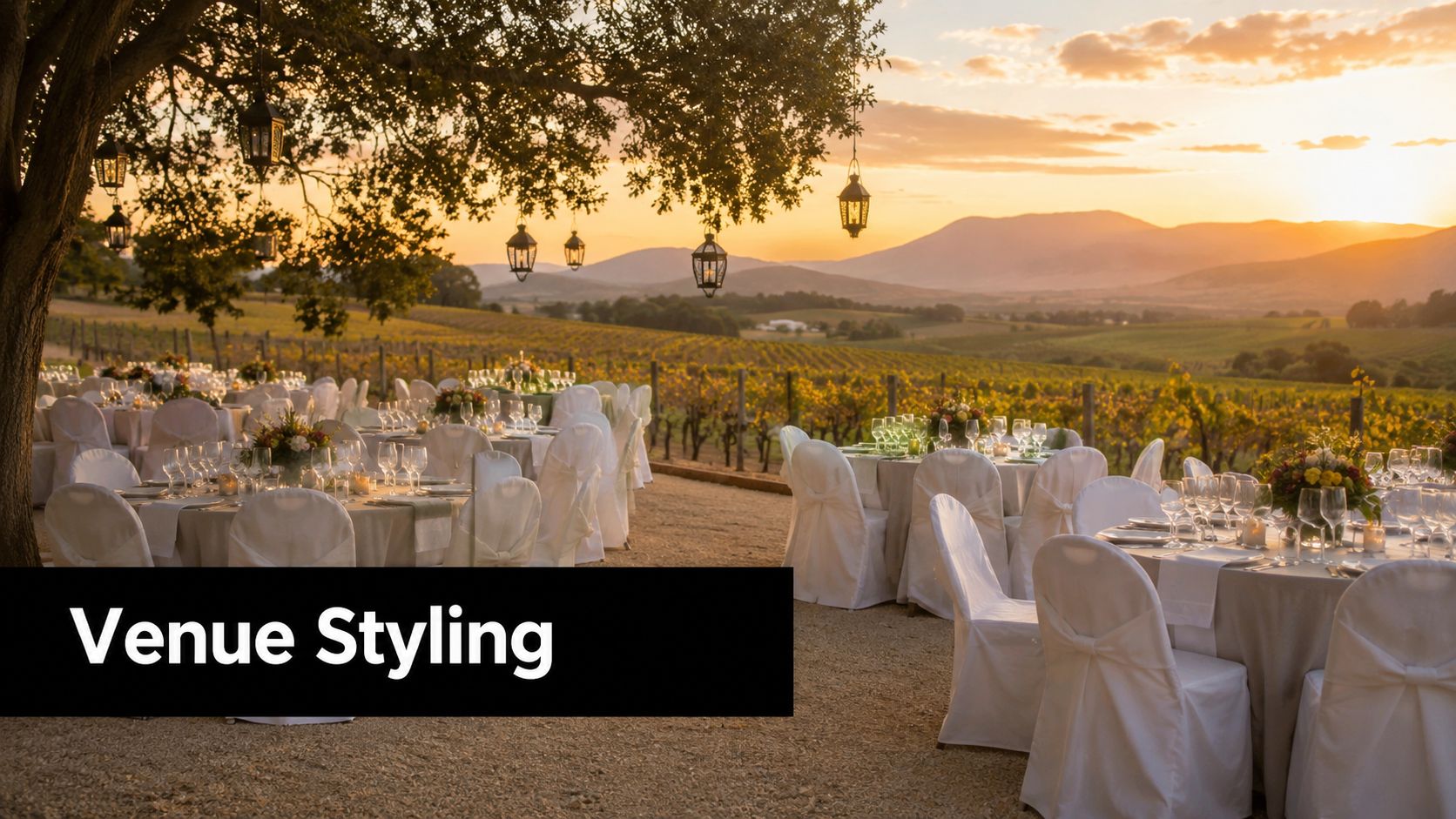 Outdoor wedding tables with white chair covers set for a reception in a scenic vineyard at sunset.