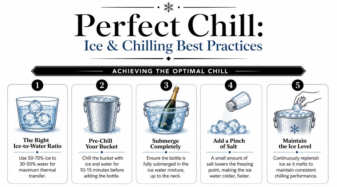 An infographic detailing five best practices for chilling champagne bottles in an ice bucket effectively.