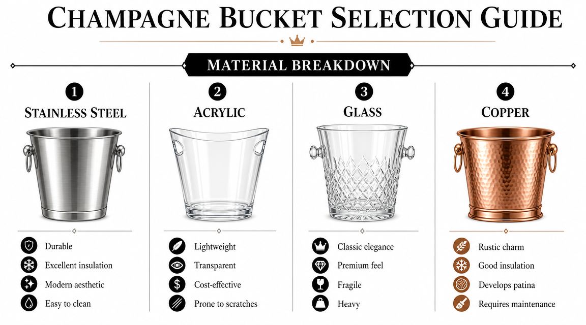 A comparison guide showcasing the features and benefits of stainless steel, acrylic, glass, and copper champagne buckets.