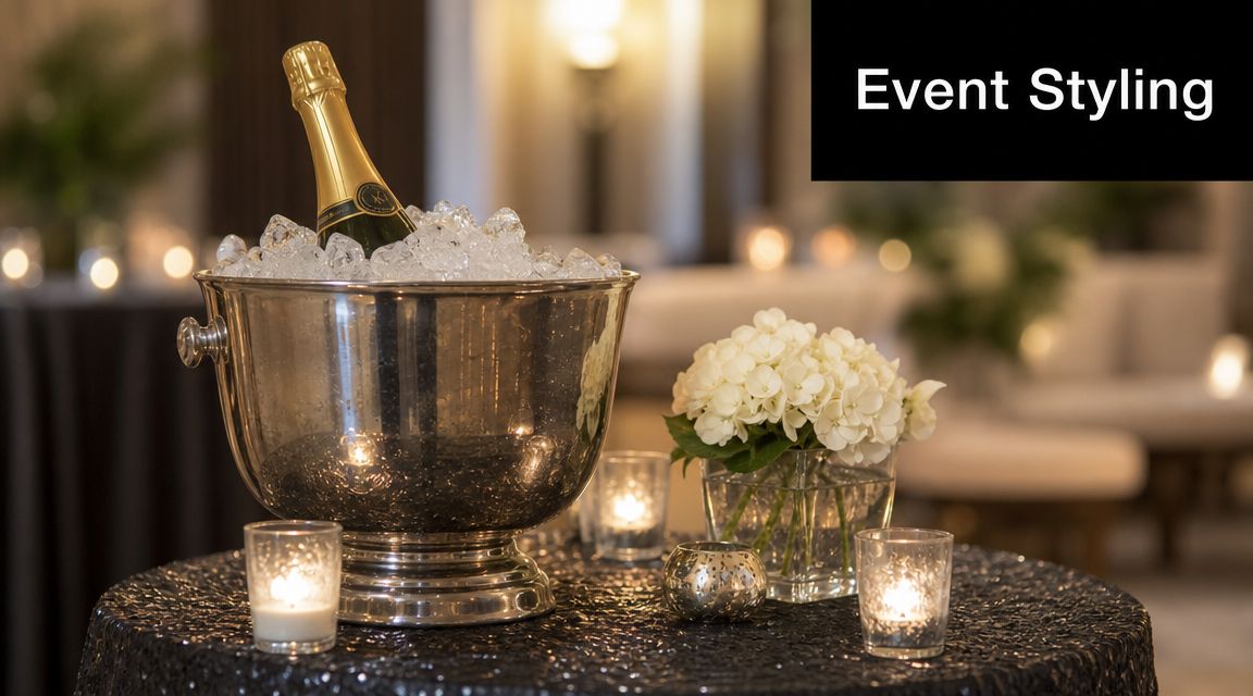 A champagne bottle cooling in a silver ice bucket on a table with flowers and votive candles.