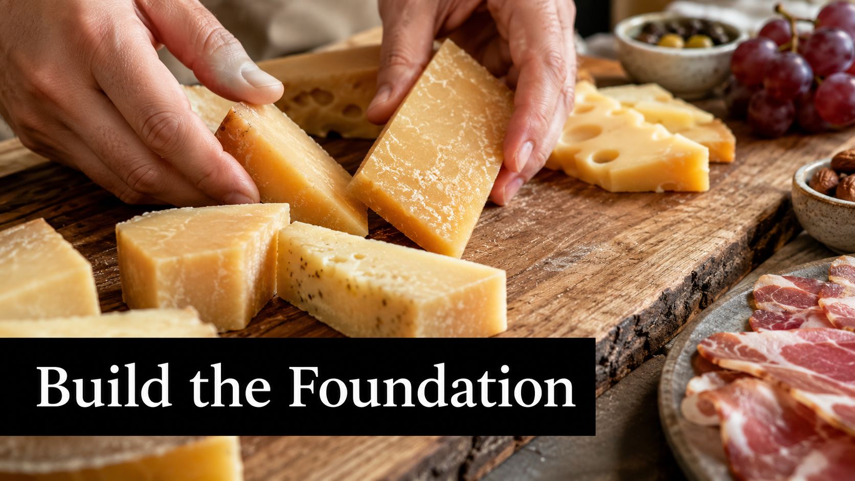 A pair of hands arranging artisan cheese slices on a rustic wooden board for a platter.